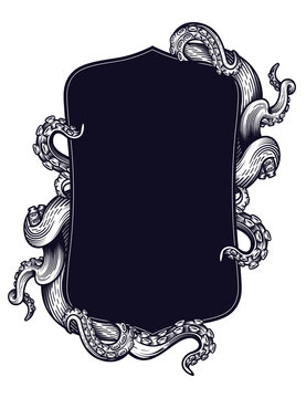 Tentacles of an octopus label frame design. Hand drawn vector illustration in engraving technique isolated on white.  