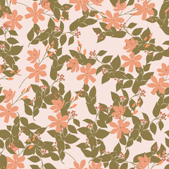 Seamless pattern with pastel color flowers and branches with berries and green leaves