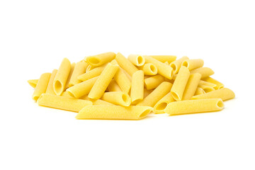 Heap of durum wheat penne type of pasta isolated on white background.