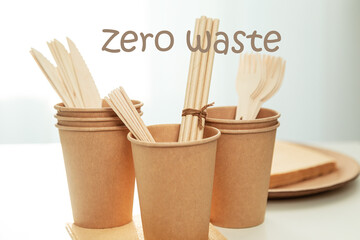 Natural eco-friendly bamboo and paper tableware. Recycling concept.