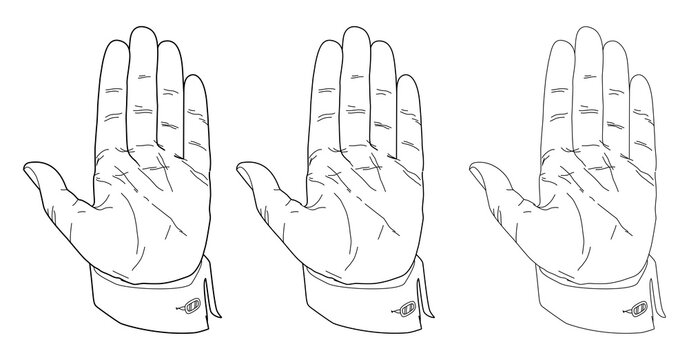 Set Man's hand with an open palm. Shirt with cufflink, line drawing. Illustration