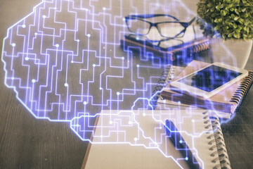 Double exposure of brain theme drawing and cell phone background. Concept of information