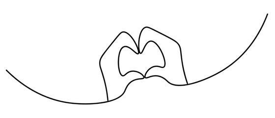 Hands folded in the shape of a heart. Sketch. The sign of love from the palms. Vector illustration. Contour on an isolated white background. Romantic gesture. Valentines Day. Doodle style. 