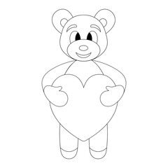 Bear. A teddy bear holds a heart in its paws. Sketch. Vector illustration. Outline on an isolated white background. Coloring book for children. Valentines Day. Doodle style. Little bear cub. 