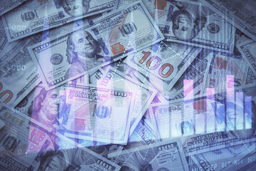 Double exposure of forex graph drawing over us dollars bill background. Concept of financial markets.