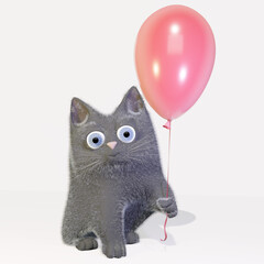 3D rendering of cute cartoon kitten with red balloon.