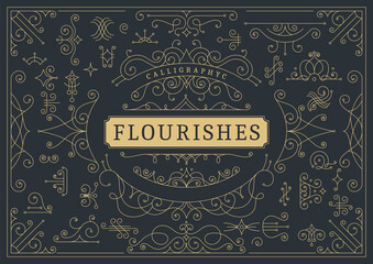 Flourishes calligraphic vintage ornamental background. Golden ornate page with swirls and vignettes elements. Frame design template. Vector luxury invitation