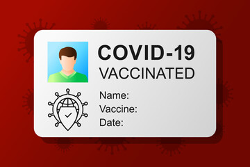 Vaccination pass or card. COVID-19 and certificate concept with documentation as proof of getting vaccinated. Shield as vaccine symbol and being immune against coronavirus.