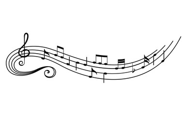 Music notes on staves. Music staff black notes symbols in rounded corners style. Abstract row of musical notes and chords collection. Vector musical notation