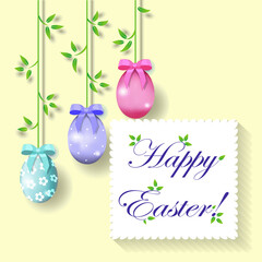 Easter frame with colorful egg, green leaves and text on a yellow background.