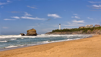 Beach and lighthouse at Biarritz, a city on the Atlantic coast in the Pyrénées-Atlantiques department in the French Basque Country in southwestern