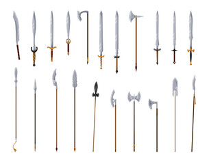 Medieval weapon collection. Ancient weaponry, war and heraldry concept. Spears swords and battle axes. World melee weaponry
