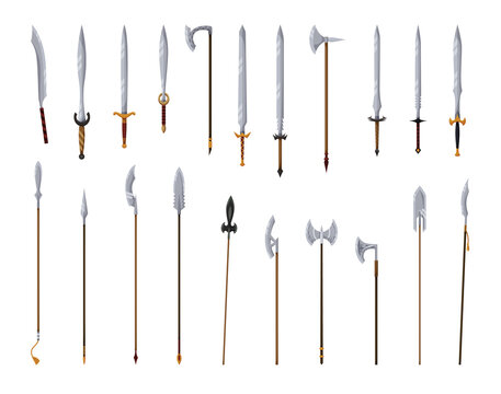 Medieval weapon collection. Ancient weaponry, war and heraldry concept. Spears swords and battle axes. World melee weaponry