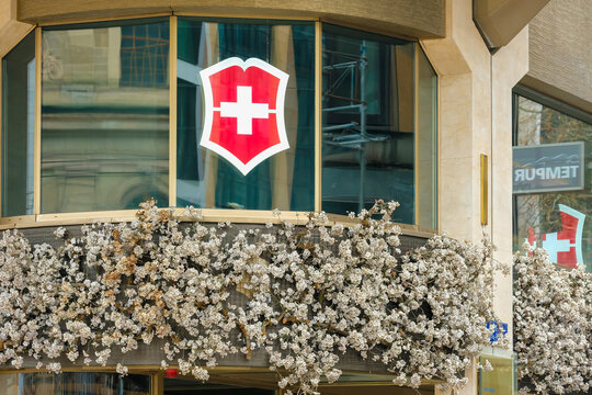 Victorinox Swiss Army Knives sign and logo on a retail shop in Geneva, Switzerland