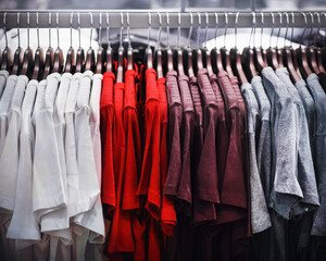 Simple casual T-shirts in different colors and sizes hang on hangers in a clothing store in the mall. Shopping.