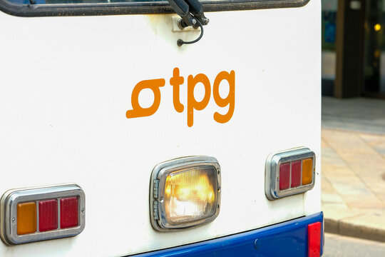 Tpg public transport company sign and logo on a front of a tram in Geneva, Switzerland