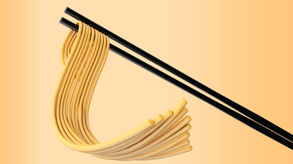 Chinese noodle or Japanese Instant noodle Chopped with black chopsticks,yellow background. 3d rendering
