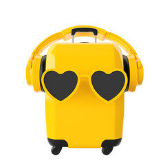 Suitcase with sunglasses and headphones on white background 3d rendering