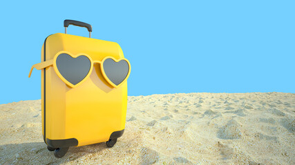 Suitcase with sunglasses on the beach,blue background summer vacation concept 3d rendering