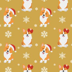 Fototapeta na wymiar Seamless pattern with corgis in Santa Claus hat and snowflakes. Background for wrapping paper, greeting cards and seasonal designs. Merry Christmas and Happy new year