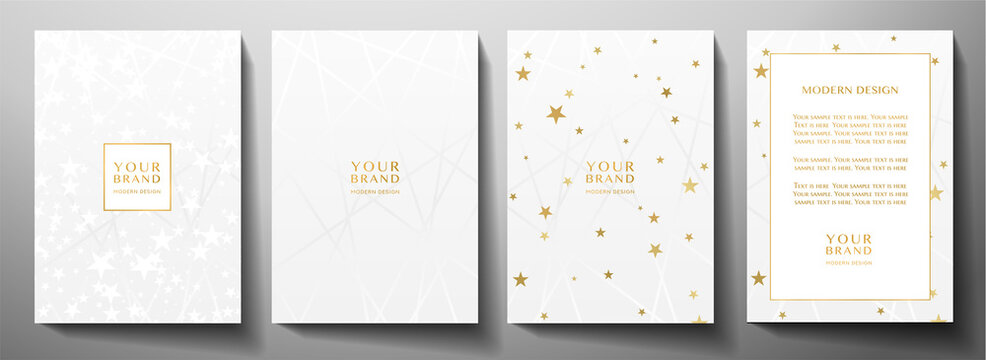 Modern cover, frame design set. Luxury white creative line pattern and golden stars . Vector luxe background