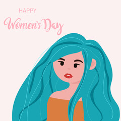 8 March, International Women's Day. Charming happy girl with long hair. Vector template with for card, poster, flyer and other users