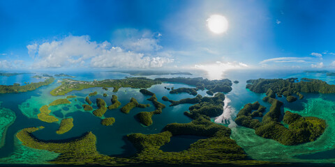 Aerial 360 VR Equirectangular panorama of tropical island scenery in Palau