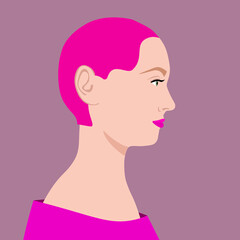 Portrait of a fashion woman. The head in profile of a European woman with pink color hair. Face of girl. Flat design for landing page, banner, social Media Avatar. Color vector illustration.