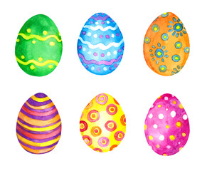 Easter eggs set, colored and decorated by flowers, dots, stripes in bright colors. Watercolor bundle collection