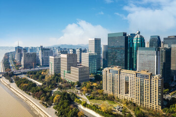 Aerial photography of Hangzhou city scenery and modern architectural landscape in the financial district