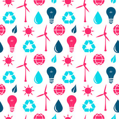 Environmental icons seamless pattern. Repetitive green ecology icons pattern on transparent background.