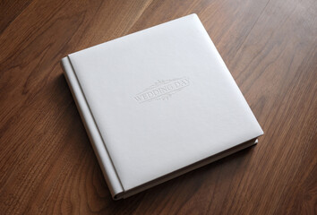White leather wedding photo album with embossed cover lies on a wooden table