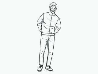 A man with his hands on his back. Wear a mask. New normal. Human character on white background. Hand drawn style vector design illustrations.