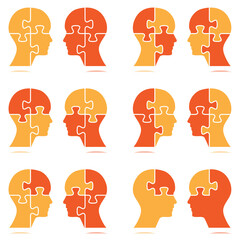 Set of heads with puzzle pieces for business strategy, marketing and teamwork projects