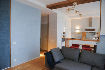 light blue white combined kitchen-living room with zoning bar