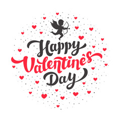 Happy Valentines day lettering with hearts on white background. Love day greeting card. Vector illustration.