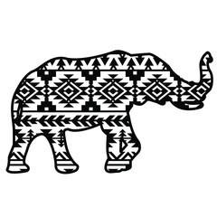 Elephant aztec style pattern. Tribal design ethnic ornaments vector print art black graphic illustration isolated