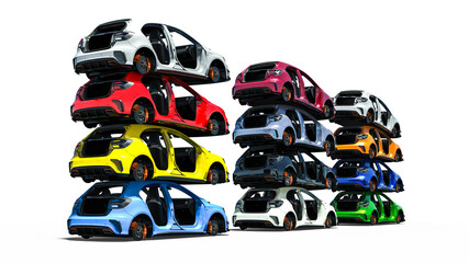 3D render image of a stack of cars representing a junk yard