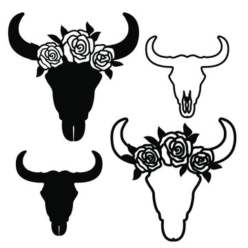 Set of cow skull silhouette with flowers on head. Vector print art black graphic vintage illustration isolated on white