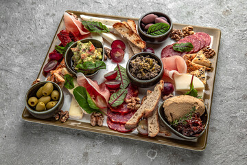 A plateau with appetizers of meat and cheese delicacies, olives, pates. Food for a group of friends. Romantic dinner.