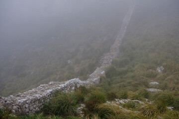 stone wall, spur of Xaragall De Sa Camamilla, 1013 meters, Fornalutx, Mallorca, Balearic Islands,...