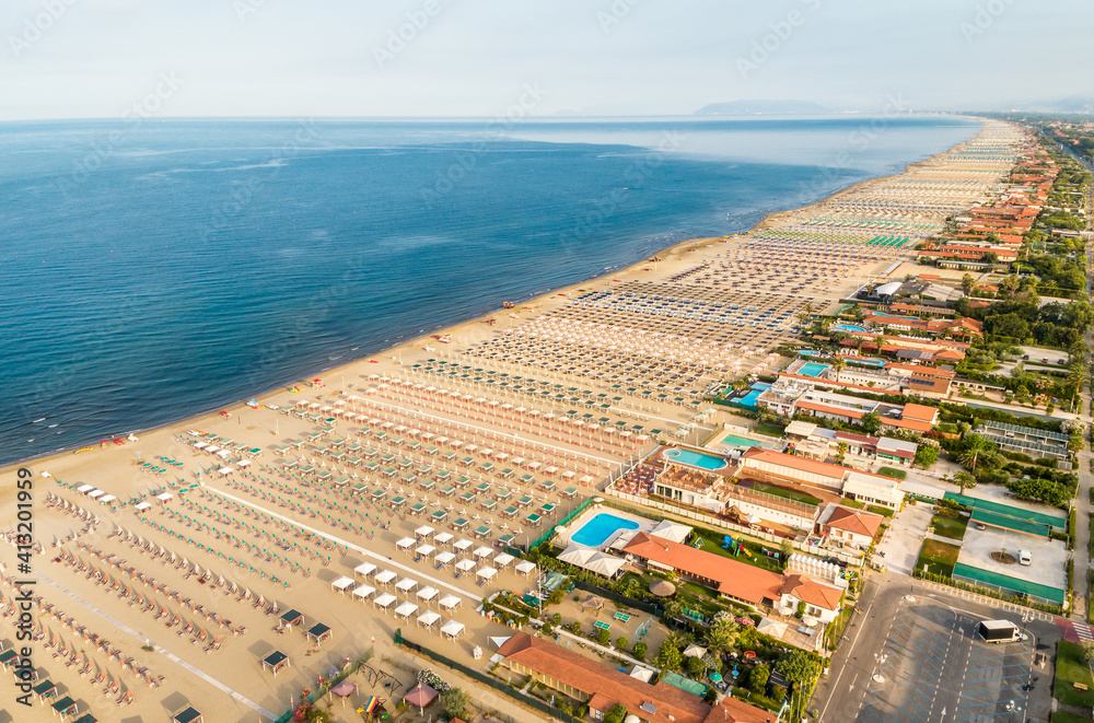 Wall mural aerial view of the marina di pietrasanta beach in the early morning, tuscany, italy.