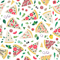 Seamless pattern with isolated pizza slices, cartoon background illustration