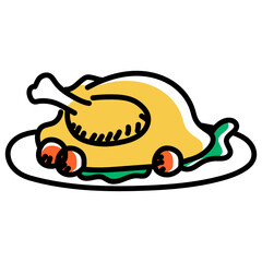 
Roasted chicken served in a tray, turkey doodle vector style 

