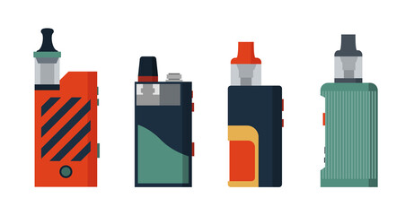 Vape set. Different design pod mods. E-cigarette for vaping. Hipster equipment for smoking. Vaping device Flat cartoon vector illustration.