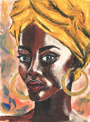 Black lives matter. African woman in turban portrait in pop art style Modern art painting. Acrylic illustration