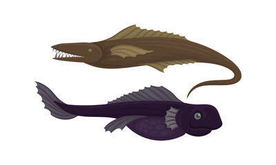 Toothy Extinct Fish from Deep Sea as Gill-bearing Aquatic Animals Vector Set