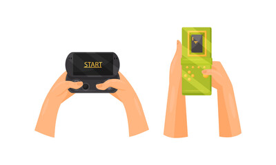 Hands Holding Gamepads or Controller Playing Video Game Vector Set