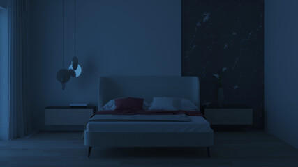Modern bedroom interior. Night. Evening lighting. 3D rendering. - 413203196