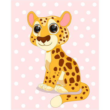 Vector cute cheetah sitting isolated on the in polka dot background. Vector illustration perfect for greeting cards, party invitations, posters, stickers, clothing.